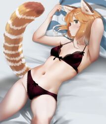 animal_ear_fluff animal_ears bare_shoulders blush bra breasts female female green_eyes highres light_brown_hair looking_at_viewer lying multicolored_hair navel on_back open_mouth original panties red_bra red_panda_ears red_panda_girl red_panda_tail red_panties short_hair small_breasts solo stomach striped_pillow tail tama_(seiga46239239) underwear white_hair