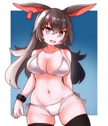 1girls animal_ears april_(arknights) arknights bikini black_eyes blush breasts brown_hair cleavage light-skinned_female light_skin looking_at_viewer navel pierced_ears side-tie_bikini skindentation standing swimsuit tagme thick_thighs thighhighs thighs white_bikini yagi_paranoia