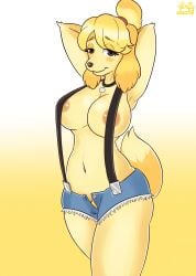 2022 accessory animal_crossing anthro armpits blonde_hair blush bottomwear breasts brown_eyes canid canine canis clothed clothing collar digital_drawing_(artwork) digital_media_(artwork) dirtyduckart domestic_dog female fur gradient_background hair hair_accessory hair_tie hands_behind_head hi_res isabelle_(animal_crossing) looking_at_viewer mammal mostly_nude nintendo nipples seductive short_jeans signature simple_background solo suspenders text tied_hair topless video_games white_background yellow_background yellow_body yellow_ears yellow_fur yellow_tail