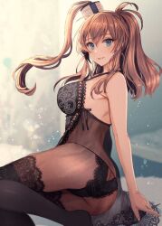 1girls alternate_costume ass ass_cleavage black_legwear black_panties blue_background blue_eyes blurry blurry_background breasts brown_hair butt_crack camisole eyebrows_visible_through_hair female hair_between_eyes hair_ornament kantai_collection kasumi_(skchkko) large_breasts light_particles lingerie lips looking_at_viewer negligee panties ponytail saratoga_(kantai_collection) see-through side_ponytail sidelocks sitting smile solo thighhighs underwear yellow_background