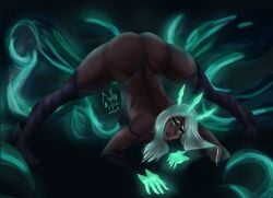 1girls ass dark-skinned_female dark_skin female female_only green_eyes jack-o_pose karma_(league_of_legends) league_of_legends muffynarts muffynmofado riot_games ruined_karma ruined_king_symbol runny_makeup tagme the_ruined_king_saga white_hair