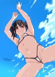 armpits arms_up artist_name baba_arumi bikini black_hair blue_background blue_sky blush breasts cameltoe cloud cloudy_sky commentary_request crotch dated dated_commentary day female from_below highleg highleg_bikini highleg_swimsuit looking_at_viewer love_live! love_live!_school_idol_project micro_bikini navel ocean outdoors partially_visible_vulva red_eyes signature sky small_breasts smile solo spread_legs standing swimsuit thong_bikini twintails water white_bikini yazawa_nico