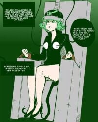 1girls bimbo bimbofication bound_to_chair comic corruption dialogue english_text female_focus green_eyes green_hair helmet hypnotic_accessory one-punch_man shishikasama short_hair small_breasts tatsumaki tech_control torture