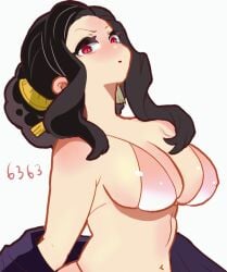 aitanso big_breasts bikini black_hair blush canon_genderswap cleavage demon_slayer female female_only genderswap_(mtf) hair_ornament kimetsu_no_yaiba looking_at_viewer muzan_kibutsuji red_eyes rule_63 slit_pupils solo swimsuit tied_hair undressing upper_body