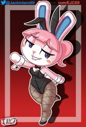 2022 animal_crossing anthro bedroom_eyes biting_lip blue_eyes bunny bunny_ears bunny_girl bunnysuit digital_media_(artwork) fan_character female fur furry jackintaro looking_at_viewer nintendo oc pantyhose pink_fur pink_hair ponytail simple_background