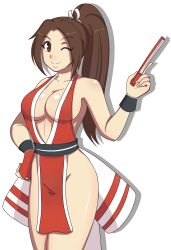 barely_clothed breasts brown_eyes brown_hair cleavage fan fatal_fury female hayato_stuff king_of_fighters large_breasts long_hair mai_shiranui milf ninja no_bra no_panties no_underwear nude_underneath onee-chan ponytail revealing_clothes smile snk solo tagme wink