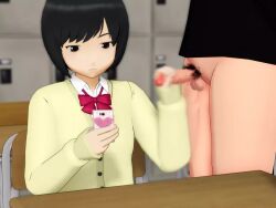 1boy 1girls 3d animated annoyed black_hair bow bowtie cellphone censored classroom cum cum_on_clothes cum_on_face cum_on_hair cum_on_upper_body desk ejaculation erection expressionless facial flim13 handjob hetero mikumikudance mmd multitasking no_sound original penis school school_uniform schoolgirl short_hair sitting sweater testicles thighs ugoira uniform video webm