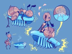 ant antennae_(anatomy) anthro anus arthropod arthropod_abdomen arthropod_abdomen_anus bean_(bugjugs) blue_background bodily_fluids brown_body bugjugs collage digitigrade exclamation_point female flat_chested genital_fluids hexbug hi_res hymenopteran insects micro open_mouth pussy_juice saliva simple_background toy vibrating wide_eyed