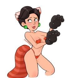 1girls :3 animal_ears animal_tail asian black_hair blushmallet breasts brown_eyes chinese disney earrings eyeshadow female female_focus female_only heart_pasties light-skinned_female light_skin mature_female medium_breasts milf ming_lee mother panties pasties pixar red_panda_ears red_panda_tail thin thin_arms thin_female turning_red white_background