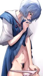 blue_hair blush bow clothes_lift clothing dirty_panties dress dress_lift female female_focus female_pubic_hair half-closed_eyes irohasu_(csah8525) lifted_by_self looking_down neon_genesis_evangelion open_mouth panties panty_pull peeing pubic_hair pulled_by_self red_eyes red_ribbon rei_ayanami ribbon school_uniform simple_background stomach underwear visible_air white_background white_panties