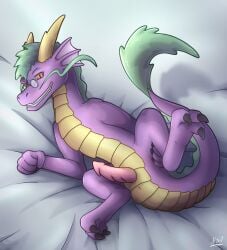 asian_mythology bed dragon east_asian_mythology eastern_dragon feet furniture genitals hi_res ipsum_(awsw) looking_at_viewer lying lying_on_bed male mythology n1k0 no_humans non-human non-human_only nude on_bed penis presenting presenting_penis scales scalie simple_background solo