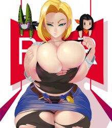 1girls android_18 blonde blonde_hair blue_eyes breast_expansion breasts cameltoe cleavage curvy dragon_ball erect_nipples female gigantic_breasts huge_areolae huge_ass puffy_nipples shnider short_hair thick_lips thigh_expansion torn_clothes voluptuous wide_hips yellow_hair