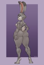 absurd_res anthro ass breasts disney female fur grey_body grey_fur hand_on_hip hi_res judy_hopps lagomorph leporid long_ears looking_at_viewer looking_back mammal muscular muscular_female nipples nude purple_background rabbit rear_view rubbyagate short_tail signature simple_background small_breasts smile smiling_at_viewer solo tiptoes zootopia