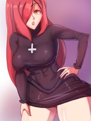 clothed female female_only hair_over_one_eye large_breasts long_hair long_sleeves miclogar miniskirt nipples_visible_through_clothing parasoul posing red_hair simple_background skullgirls tight_clothing upside_down_cross