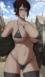 1girls attack_on_titan belly_button big_breasts bikini brown_eyes brown_hair curvy curvy_figure detailed_background eye_patch female female_only glasses hanji_zoe large_breasts looking_at_viewer midriff navel necklace savagexthicc shingeki_no_kyojin solo solo_female thick thick_thighs thighhighs voluptuous