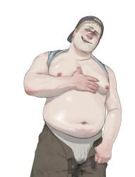 baseball_cap blonde_hair blush bulge chubby_male eddie_dombrowski fat_man gay looking_at_viewer male male_only open_pants overweight overweight_male pale-skinned_male pale_skin partially_undressed philipposole shirt_up silent_hill silent_hill_2 smile solo tongue_out topless topless_male underwear wet_underwear