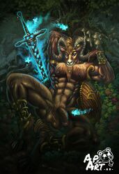abs armor arthropod astropandaart balls bedroom_eyes big_balls blue_eyes bovid bovid_horn butterfly caprine caprine_horn cedarick detailed_background digitigrade fantasy flaccid forest genitals hi_res horn humanoid_genitalia humanoid_penis insects lepidopteran magic male mammal melee_weapon muscular narrowed_eyes nipples penis piercing plant presenting ram_horn seductive shield smile solo spread_legs spreading sword tree unconvincing_armor weapon