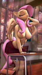 3d_(artwork) 4k 9:16 absurd_res alcohors anthro anthrofied bottomwear breasts clothed clothing desk digital_media_(artwork) equid equine female fluttershy_(mlp) friendship_is_magic furniture hair hasbro hi_res mammal my_little_pony nipples pattern_bottomwear pattern_clothing pattern_skirt pegasus pink_hair plaid plaid_bottomwear plaid_clothing plaid_skirt skirt solo straight_hair table topless wings