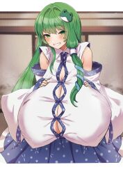 breasts button_gap deep_cleavage detached_sleeves female frog frog_hair_ornament gigantic_breasts green_eyes green_hair hair_ornament hair_tubes highres pointy_breasts sagging_breasts sanae_kochiya snake snake_hair_ornament solo sukoyaka93 touhou