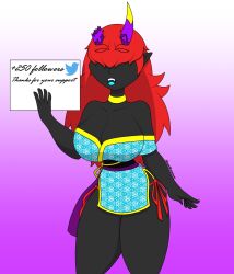 big_breasts black_body breasts celebration character collar crystalworld female female_focus female_only follower_celebration horns humanoid long_horns looking_at_viewer medium_ass milestone_celebration nora_(crystalworld) oni oni_horns original original_character red_hair samrunner small_waist text thank_you thanks thick_thighs thighs twitter waist