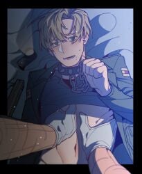 2boys bbiiyak blonde_hair blush chain_leash chains collar gay gloves groping james_sunderland leash looking_at_viewer male male_only male_pov on_back on_bed open_jacket pyramid_head shirt_up silent_hill silent_hill_2 simple_background spiked_collar upper_body white_gloves yaoi