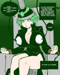 1girls bimbo bimbofication bound_to_chair brain_drain breast_expansion comic corruption dialogue empty_eyes english_text female_focus femsub green_eyes green_hair helmet huge_breasts hypnotic_accessory intelligence_loss iq_loss large_breasts one-punch_man shishikasama short_hair tatsumaki tech_control torture