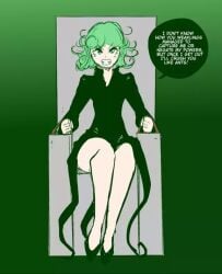 1girls bimbo bimbofication bound_to_chair comic corruption dialogue english_text female_focus green_eyes green_hair looking_at_viewer one-punch_man shishikasama short_hair small_breasts tatsumaki torture