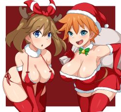 2girls big_breasts blue_eyes breasts brown_hair christmas duo eye_contact female female_only game_freak hagarza_p human human_only kasumi_(pokemon) looking_at_viewer may_(pokemon) medium_hair misty_(pokemon) nintendo orange_hair pokemon pokemon_rgby pokemon_rse short_hair simple_background thick_thighs thighs