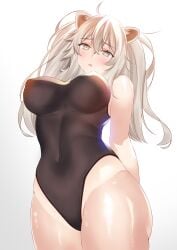 1girls 2021 ahoge animal_ears black_one-piece_swimsuit black_swimsuit black_swimwear breasts covered_navel covered_nipples female female_focus female_only grey_eyes grey_hair highleg highleg_swimsuit hololive hololive_gen_5 hololive_japan large_breasts lion_ears long_hair majin_(kiidoumajin) one-piece_swimsuit shishiro_botan solo solo_female swimsuit tan tanlines thighs virtual_youtuber