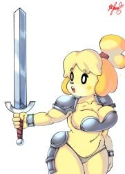 1girls 2021 animal_crossing anthro armor big_breasts breasts canine cleavage female female_only hourglass_figure isabelle_(animal_crossing) metal_armor nintendo panthera_cantus skimpy skimpy_armor solo tagme thick_thighs thighs underwear yellow_body yellow_fur