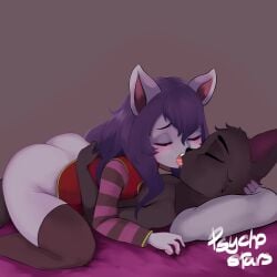 1boy anthro ass bed black_fur cat_ears embracing female kissing league_of_legends lulu_the_fae_sorceress psychostars purple_hair simple_background thick_thighs veigar yordle