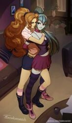 2girls adagio_dazzle bangs bare_legs biting_lip black_eyes blue_hair boots breasts brown_hair choker closed_mouth collared_shirt couple curly_hair duo equestria_girls eye_contact eyeshadow female female/female female_only from_above full_body grin half-closed_eyes hugging hugging_from_behind indoors lesbian light_blue_hair light_brown_hair lips long_hair looking_at_another love makeup medium_breasts miniskirt multicolored_hair multiple_females multiple_girls mutual_yuri my_little_pony my_little_pony_friendship_is_magic naughty_face neck parted_bangs personification pleated_skirt ponytail purple_eyes purple_legwear purple_shirt purple_tank_top red_choker red_skirt shirt shoes short_sleeves skirt smile sonata_dusk standing straight_hair striped_legwear tank_top tarakanovich thighhighs two_tone_hair very_long_hair white_shirt window wristband yuri