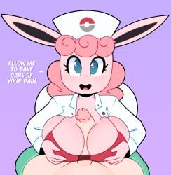 anthro big_breasts blue_eyes bra breast_play breasts clothing dialogue duo female genitals hair hi_res looking_at_viewer male male/female nintendo nurse_clothing paizuri penis pink_body pink_hair pokémon_(species) pokemon sex smile somescrub talking_to_viewer underwear video_games wigglytuff