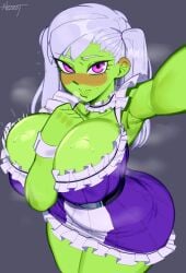 1girls alien alien_girl armpits big_breasts black_clover blush breasts cheelai clothed clothes clothing cosplay dragon_ball dragon_ball_super eye_contact female female_focus female_only green_body green_skin hips hourglass_figure huge_breasts humanoid large_breasts looking_at_viewer maid maid_uniform nezulet noelle_silva_(cosplay) pink_eyes selfie silver_hair solo solo_female standing sweat thick thick_thighs thighs twintails wide_hips