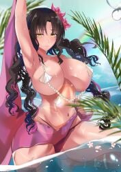 absurdres bangs bare_shoulders bikini black_hair blush bracelet breasts chest_tattoo cleavage facial_mark fate/grand_order fate_(series) female female flower forehead_mark hair_flower hair_ornament highres jewelry large_breasts long_hair looking_at_viewer multicolored_hair musicatopos navel necklace parted_bangs pearl_bracelet pearl_necklace pink_hair sarong sesshouin_kiara sesshouin_kiara_(swimsuit_mooncancer)_(fate) shell_necklace streaked_hair swimsuit tattoo thighs very_long_hair white_bikini yellow_eyes