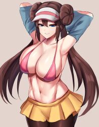 1girls 2022 alternate_breast_size armpits arms_behind_head arms_up belly_button bikini_top blue_eyes breasts brown_hair commission edboydraws female female_only hat hips huge_breasts leggings long_hair looking_at_viewer nintendo pink_bikini_top pokemon pokemon_bw2 rosa_(pokemon) short_skirt skirt slim_waist smile thick_thighs thighs twin_buns twintails visor visor_cap white_hat wide_hips