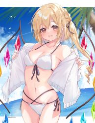 1girls beach bikini blonde_hair blush detailed_background flandre_scarlet gem gems happy haruki_(colorful_macaron) looking_at_viewer medium_breasts monster_girl petite pointy_ears small_breasts smile swimsuit touhou undressing wings yellow_eyes