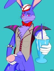 anthro anthro_only balls big_balls big_penis bodily_fluids bow_tie bunny clothed clothing cum cum_covered digital_media_(artwork) dustin_c erection five_nights_at_freddy's five_nights_at_freddy's:_security_breach fur genital_fluids genitals glamrock_bonnie_(fnaf) hair hat headgear hi_res humanoid_genitalia humanoid_penis ice_cream looking_at_viewer male male_only penile penis purple_body purple_fur purple_hair rabbit scott_cawthon scottgames shirt simple_background smile solo solo_anthro solo_male sundae topwear video_games watermark