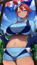 1girls alternate_breast_size bangs belly belly_button big_breasts big_eyes blue_eyes blue_gloves blue_jacket blue_shorts blue_sky blush breasts clothed clothing creatures_(company) crop_top cropped_jacket day eye_contact feet_out_of_frame female female_only game_freak gloves gym_leader hair_between_eyes hair_ornament handwear harness hi_res high_resolution highres hizake horny huge_breasts human jacket kashu_(hizake) large_breasts looking_at_viewer midriff naughty_face navel nintendo one_side_up open_mouth open_smile outdoors pale_skin pokemon pokemon_(anime) pokemon_(game) pokemon_bw pokemon_bw2 pokemon_trainer pulling red_hair redhead short_hair_with_long_locks short_shorts shorts sidelocks sky skyla_(pokemon) smile solo solo_female standing stomach tan_body thin_waist tied_hair viewed_from_below wide_eyed window