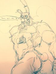 animatronic anthro ass bunny butt fangs five_nights_at_freddy's five_nights_at_freddy's_3 fnaf gay long_ears looking_at_viewer male male_anthro male_only monochrome nude pecs rabbit robot solo solo_focus solo_male springtrap springtrap_(fnaf) staticlustdemons sweat tail wuffinarts