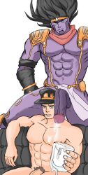 2boys blue_eyes cum cum_drip ejaculation gay holding_object jojo's_bizarre_adventure jotaro_kujo ling12110 male male_nipples male_only muscular_male nude_male pecs stand_(jjba) standcest star_platinum stardust_crusaders veiny_penis yaoi