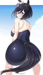 animal_ears ass black_hair blue_eyes blue_swimsuit blush bob_cut breasts covered_nipples eishin_flash_(umamusume) female female from_behind highres horse_ears horse_girl horse_tail looking_at_viewer looking_back medium_breasts one-piece_swimsuit school_swimsuit shingo. shiny shiny_hair shiny_skin short_hair solo squatting swimsuit tail umamusume