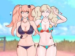 2girls ann_takamaki atlus bare_shoulders bare_thighs beach big_breasts bikini bikini_aside bikini_top black_bikini black_bikini_bottom black_bikini_top blonde_hair blue_sky bracelet bracelets breasts carfound choker cleavage closed_eyes colorful colorful_background crossover danganronpa danganronpa_1 danganronpa_2:_goodbye_despair danganronpa_s:_ultimate_summer_camp danganronpa_v3 female female_only flower_bikini flower_pattern fringe front_view gal glowing gyaru hair_decoration hand_grab hand_on_another's_hip hand_on_hip heart heart-shaped_pupils hi_res huge_breasts junko_enoshima karfound large_breasts light-skinned_female light_skin long_fingernails long_hair looking_at_another looking_at_breasts looking_pleasured medium_breasts megami_tensei multiple_girls nails pattern_bikini pattern_clothing peace_sign persona persona_5 persona_5_royal platinum_blonde_hair pulling_bra red_nails round_breasts side_bangs small_pupils smile smooth_skin smug strawberry_blonde_hair tanned tanned_female tanned_girl tanned_skin thick_thighs tongue tongue_out twintails