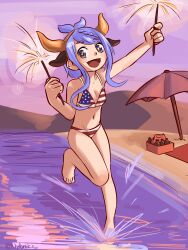 1girls american_flag beach blue_hair clothed clothing female female_only human mostly_nude nylonics solo swimsuit water