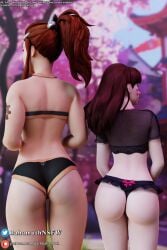 2girls 3d ass ass_focus brigitte brown_hair butt_focus cropped_legs d.va darkbahamuth female female_only fit fit_female lingerie overwatch pale-skinned_female panties patreon_username petite ponytail thong topwear twitter_username underwear_only viewed_from_behind whisker_markings