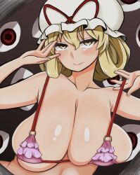 armpit_crease armpit_peek bare_shoulders blonde_hair blush bra_strap breasts commentary_request female gap_(touhou) hat highres himajin_noizu large_breasts looking_at_viewer mob_cap navel shiny shiny_skin smile solo touhou yukari_yakumo