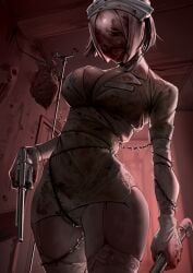 2d 2d_(artwork) barbed_wire between_labia big_breasts blood bondage bubble_head_nurse cleavage faceless faceless_female faceless_forefront female female_only firearm garter_straps gloves gun handgun harris_hero horror human low-angle_view minidress monster_girl name_tag nightmare_fuel nurse nurse_(silent_hill) nurse_cap nurse_uniform panties pipes revolver short_dress short_hair silent_hill silent_hill_2 solo stockings thick_thighs thunder_thighs weapon white_gloves white_panties wide_hips