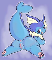 anus ass dustyspaghetti eeveelution female feral genitals looking_at_viewer looking_back looking_back_at_viewer mammal nintendo pokémon_(species) pokemon pussy rear_view simple_background smile solo sploot tongue tongue_out vaporeon video_games