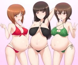 3girls aka8mori akai_(riaakai) arms_behind_head bangs bikini black_swimsuit blunt_bangs breast_hold breasts brown_eyes brown_hair cameltoe cleavage collarbone covered_erect_nipples criss-cross_halter eyebrows_visible_through_hair female_focus floral_print girls_und_panzer gluteal_fold green_swimsuit hair_between_eyes halterneck hand_on_hip large_breasts long_dark_hair long_hair looking_at_viewer medium_breasts milf mother_and_daughter multiple_girls multiple_pregnancies navel nishizumi_maho nishizumi_miho nishizumi_shiho open_mouth outie_navel pregnant pregnant_sisters red_hair red_swimsuit short_brown_hair short_dark_hair short_hair siblings side-tie_bikini sisters smile straight_hair swimsuit thighs triple_pregnancy v