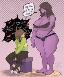 bigger_female bikini body_positivity brown_hair cumbread deltarune dinosaur female inner_monologue kris_(deltarune) long_hair purple_skin susie_(deltarune) wholesome